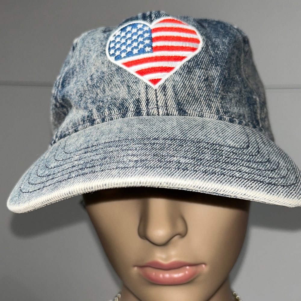 Mighty Fine Acid Wash Denim Cap with American Flag Heart